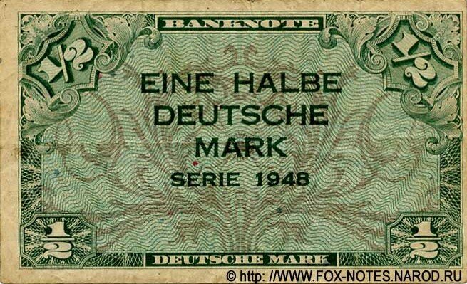 Банкнота, номиналом в 1\2 марки, 1948 год. Без серии. Без номера. Источник фото указан на изображении банкноты.