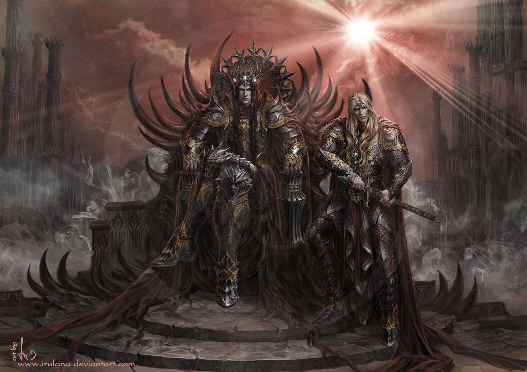 Мелькор на троне, а рядом — его первый слуга Саурон.