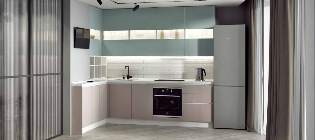 Светло-бежевые верхние фасады и серо-голубые нижние