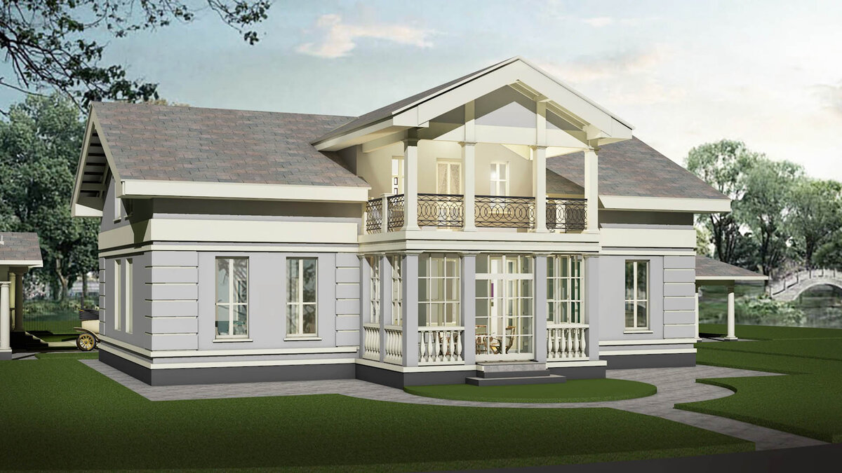 у дома симметричные главный и садовый фасады с классическими колонными портиками и мезонином.