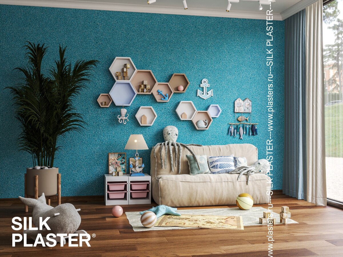 На фото в интерьере жидкие обои SILK PLASTER East 954