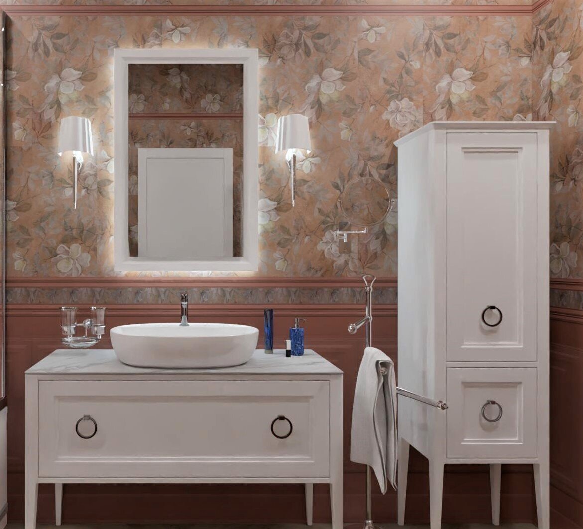 Пример визуализации с керамической плиткой серии «Магнолия»  и мебелью для ванной комнаты PLAZA CLASSIC