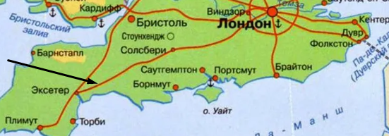 Это карта железных дорог Англии. Тёмная стрелка указывает на П р и н с т а у н - где-то в его окрестностях и разворачивались события повести. На этой карте не показан, маловат для этого. Зато показан Солсбери.