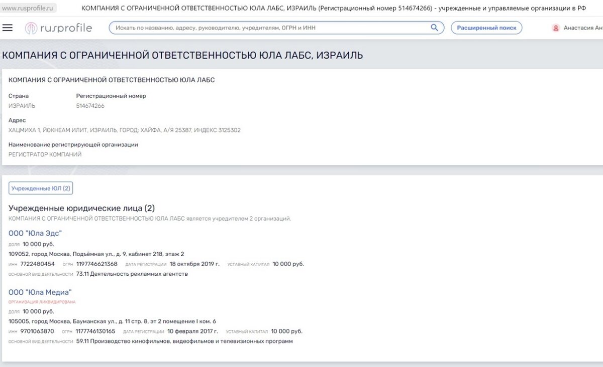 В РОССИИ ИЗРАИЛЬСКАЯ КОМПАНИЯ УЧРЕДИЛА ДВЕ ФИРМЫ: В ЦЕЛЯХ ОДНОЙ ИЗ НИХ (ООО "ЮЛА МЕДИА") ЗАЯВЛЕНО ПРОИЗВОДСТВО КИНОФИЛЬМОВ, И К НАСТОЯЩЕМУ МОМЕНТУ ОНА ЛИКВИДИРОВАНА, ДРУГАЯ (ООО "ЮЛА ЭДС") ПОЗИЦИОНИРОВАНА КАК РЕКЛАМНОЕ АГЕНТСТВО. СКРИНШОТ СТРАНИЦЫ САЙТА RUSPROFILE.RU