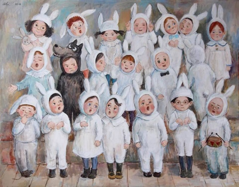 картина Нино Чакветадзе, "Серый Волк и Зайцы"