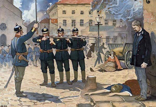 Расстрел немецкими оккупантами губернского казначея Соколова. Фрагмент литографии времен Первой мировой войны. 