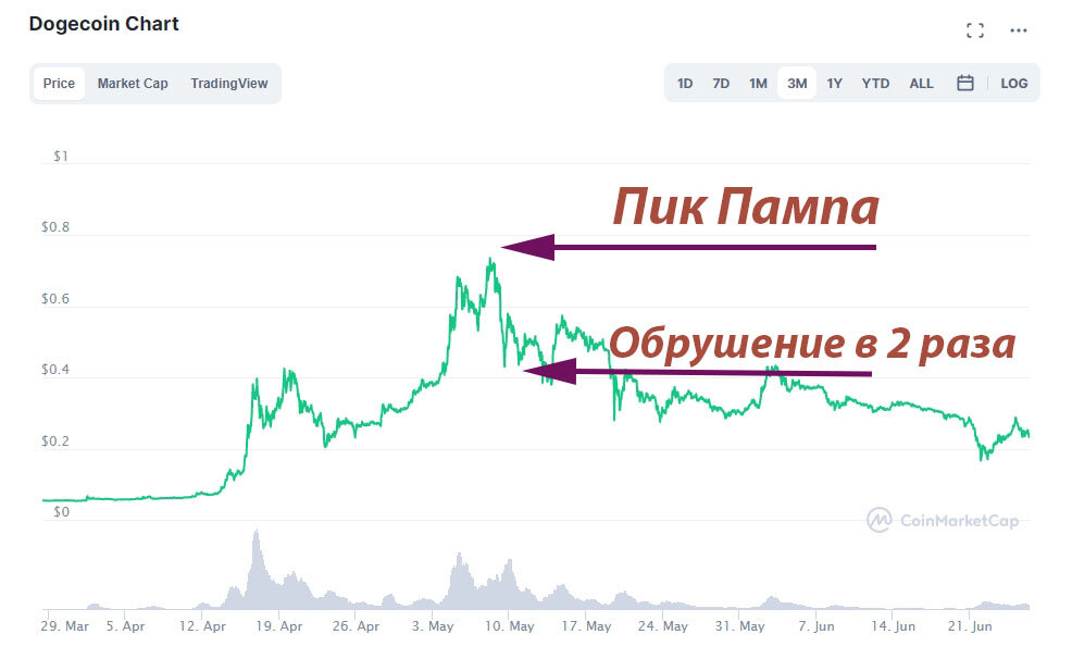 Пик пампа dogecoin и его резкое обрушение в мае