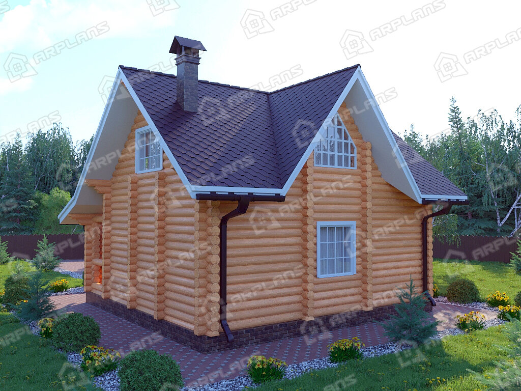 Фото 2 деревянного двухэтажного дома из бревна с мансардой, 2 спальнями, сауной и газовой котельной и террасой. Общая площадь 90 кв м. Источник arplans.ru Проект ДО-037