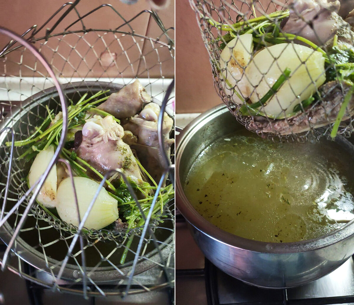 Бульон после варки мяса и овощей в корзине