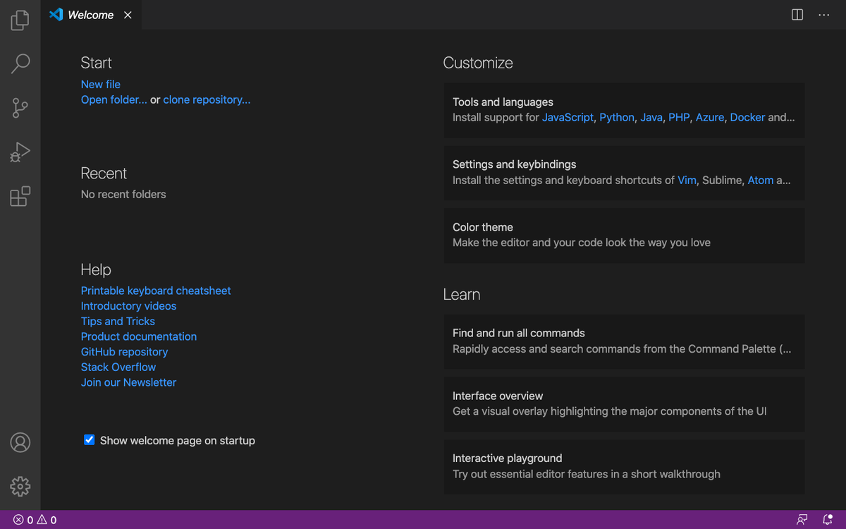 Приветственное окно Visual Studio Code после установки
