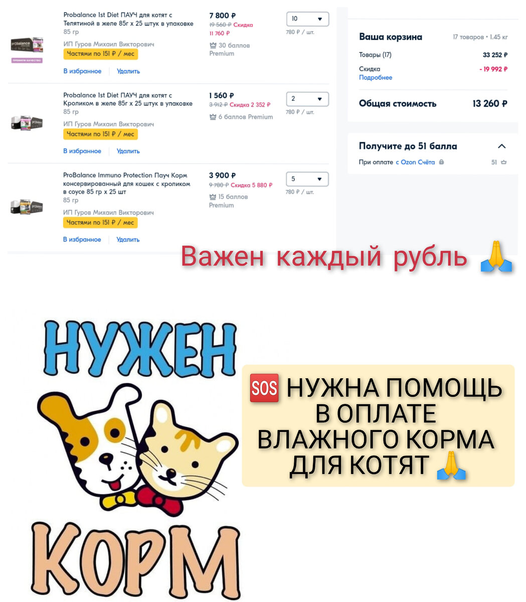 repost Instagram zoohelp_anna                 Из 13'260 ₽ пришло 400 ₽

Друзья 🐾 🆘 У МАЛЫШЕЙ ЗАКАНЧИВАЕТСЯ ВЛАЖНЫЙ КОРМ !!! 😪. 🆘 ОБЩИЙ ДОЛГ ПРИЮТА БОЛЕЕ 100'000 ₽, ФИНАНСОВАЯ ПОМОЩЬ ОЧЕНЬ НУЖНА 🙏

Мы просим каждого из Вас о поддержке! Давайте объединим усилия, чтобы прокормить тех, кто в этом так сильно нуждается! 
С поднятием цен, нам как никогда очень нужны фин-помощники, на любую посильную сумму, еженедельно/ежемесячно, пожалуйста, подключите автоперевод 🙏
👇
☀️ПОДПИСКА НА ДОБРО☀️
"Автоперевод клиенту СберБанка" (по номеру телефона или карты).
👇
Для подключения автоперевода через мобильное приложение Сбербанка нужно:
1. Перейти в раздел "Автоплатежи и автопереводы"
2. "Подключить автоперевод"
3. Нажать "Клиенту Сбербанка"
4. Ввести номер карты/или номер телефона, сумму и периодичность платежа
5. Нажать кнопку "Подключить автоперевод"
➖➖➖
✅ Оформление занимает всего несколько минут
✅ В любой момент вы можете изменить сумму или отменить списания пожертвований.

Реквизиты для помощи:
✔️Перевод по Системе Быстрых Платежей (СБП)/💳СБЕРБАНК/💳ВТБ: 89850857742
✔️💳СБЕРБАНК / PAYSEND: 4274320050647398 
✔️МТС (просто пополнить баланс): 89850857742
✔️Яндекс Деньги (ЮMoney): 4100115836858401 
✔️🅿️PayPal: helping20animals@gmail.com 
✔️WebMoney:
🔹E568840263129 (EUR)
🔹Z235667537725 (USD)
❌QIWI 👛 - нет
______________
БУДЕМ БЛАГОДАРНЫ ЗА ЛЮБУЮ ПОМОЩЬ 🙏
____