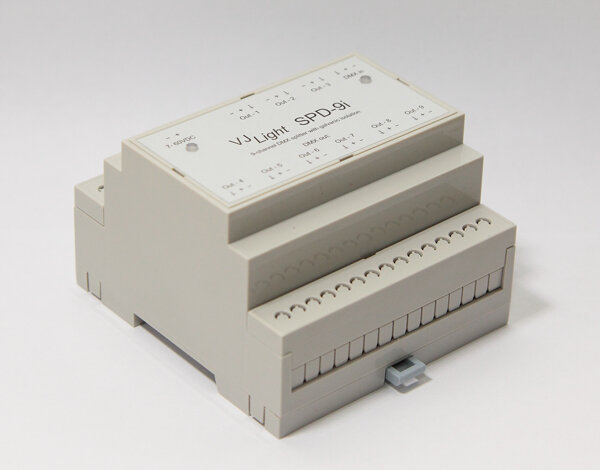 VJLight SPD-9i - DMX сплиттер на DIN рейку с двойной гальванической развязкой. Внешний вид. https://shop.show-device.ru/VJLight-SPD-9i.html