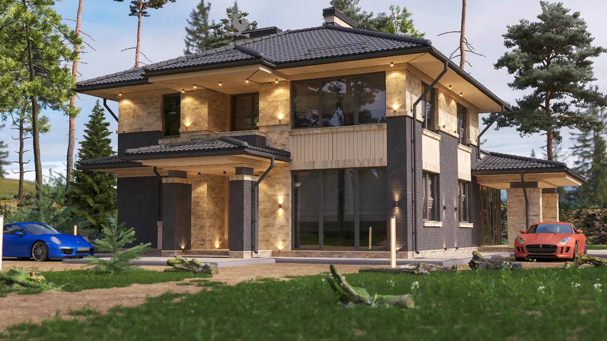 Главный и правый фасады дома. Источник изображения: Дзен-канал "Николай Ершов_ПРОЕКТЫ и ДИЗАЙН"