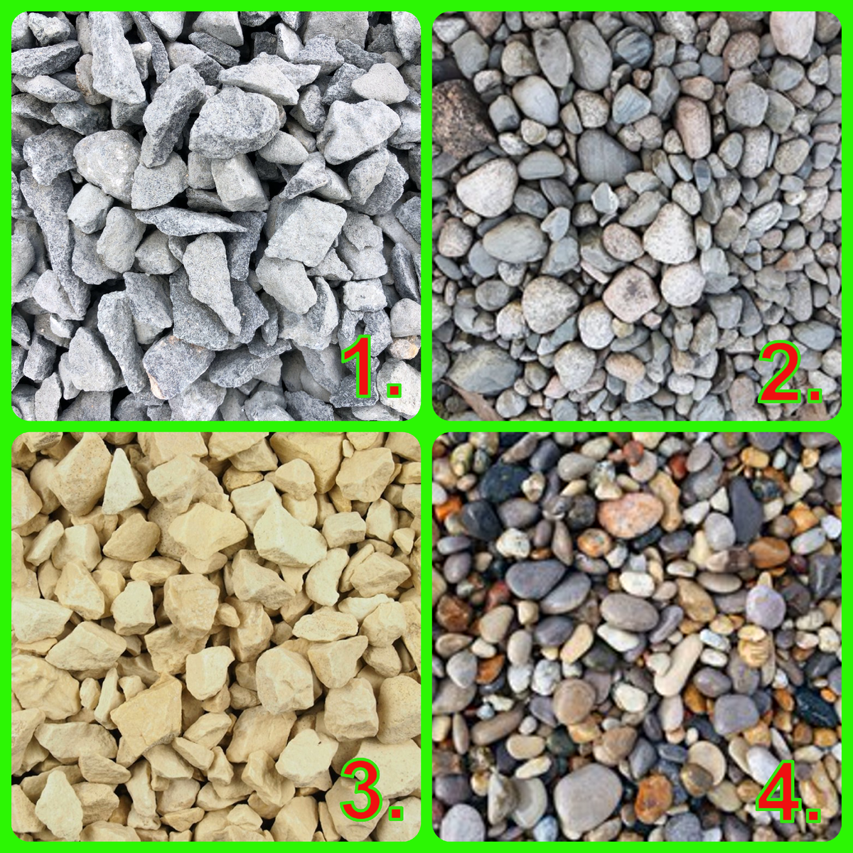 1. Гранитный щебень. 2. Гравийный щебень. 3. Известковый щебень. 4. Декоративный щебень.