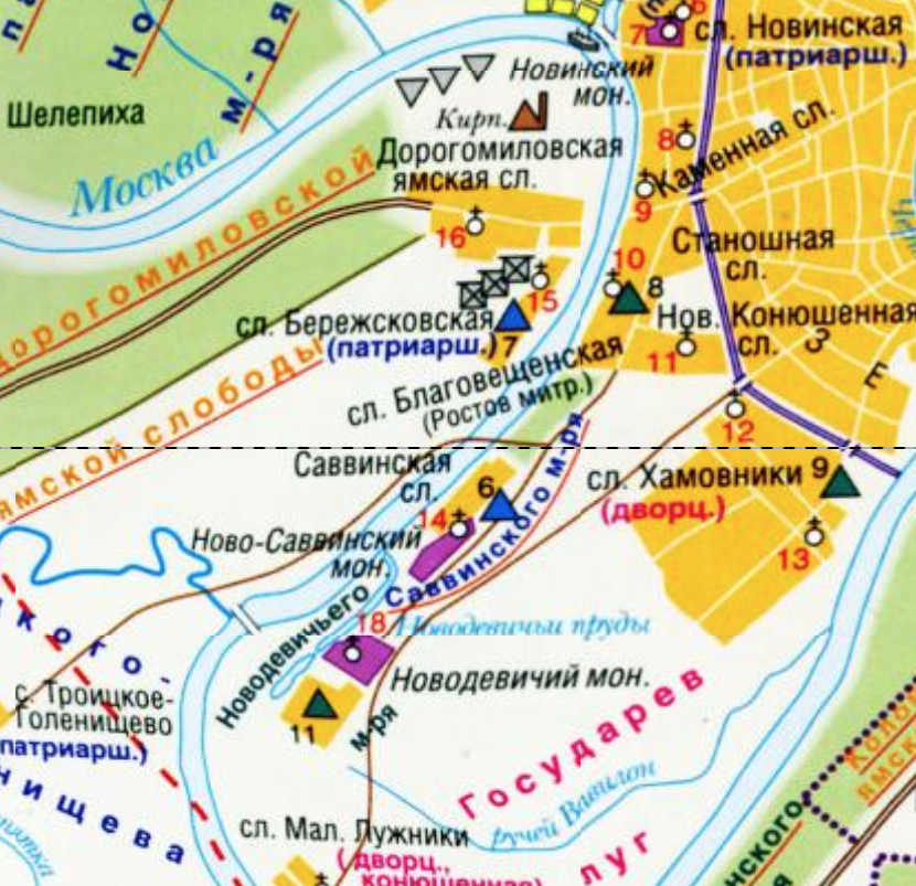 Бережковская слобода на воссозданной карте Москвы и её окрестностей 1650 года. С сайта www.retromap.ru.