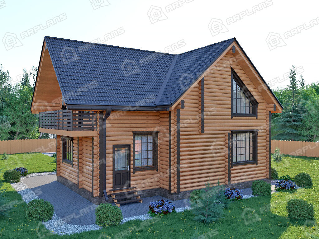 Фото 2 деревянного двухэтажного дома из бревна с мансардой, 4 спальнями, балконом и газовой котельной. Общая площадь 140 кв м. Источник arplans.ru Проект ДО-036