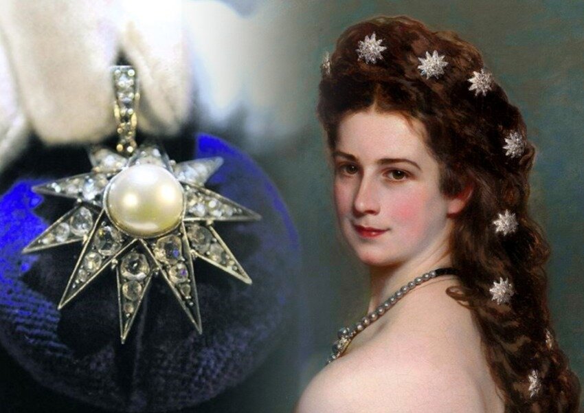 Справа императрица Елизавета, фрагмент портрета Франца Ксавера Винтерхальтера, 1865. Хофбург. Слева: одна из звезд, фото с пинтерест