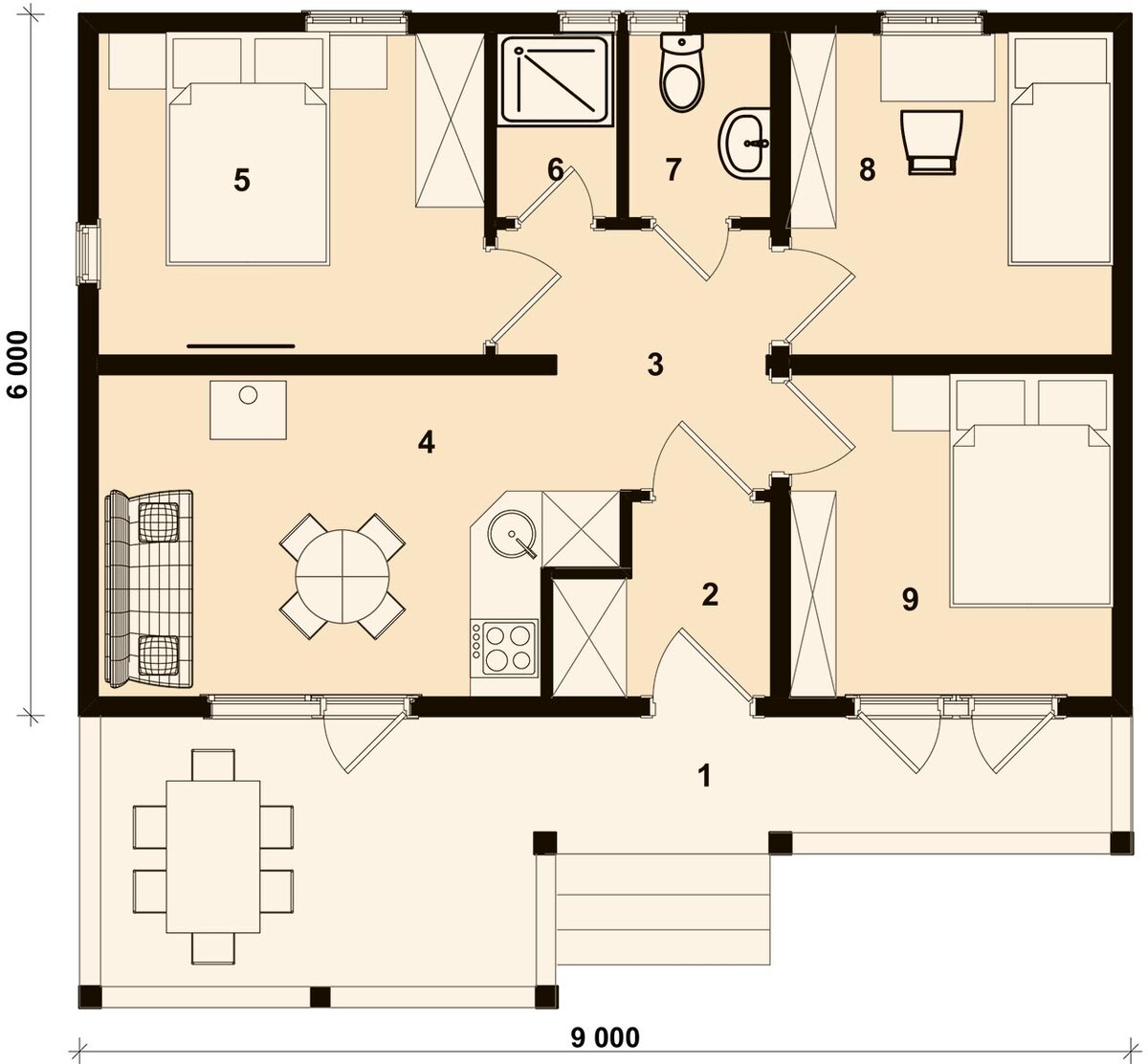 ВЯЗЬМИЧ 45 м2 - проект маленького одноэтажного дома 6х9 на три спальни,  дачи или бани | Инваполис - проекты рациональных домов | Дзен