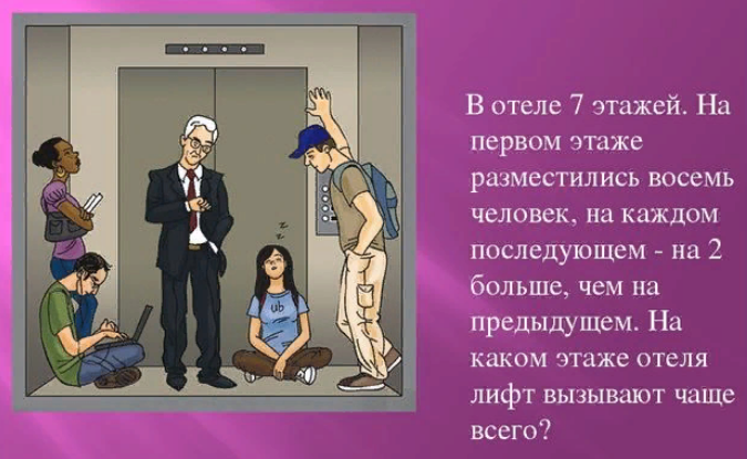 Три заходить. На каком этаже чаще всего вызывают лифт. В отеле 7 этажей на первом разместились 8 человек. Загадка в отеле 4 этажа чем выше этаж. Лифт 4 этаж.