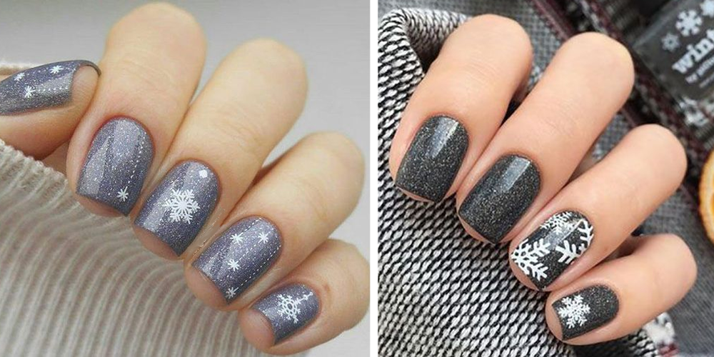 Серые ногти со снежинками