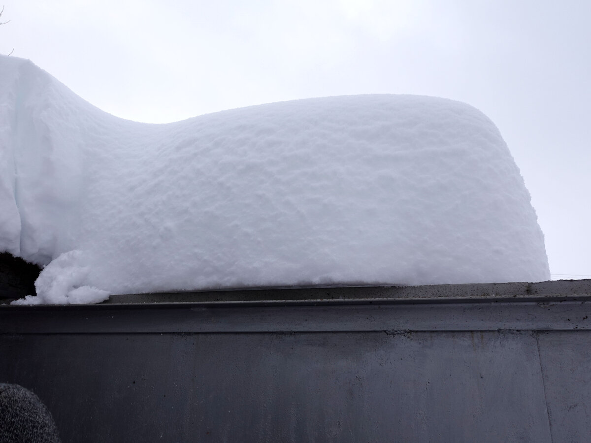 Снег на крыше гаража. Сантиметров 30 намело за два дня 