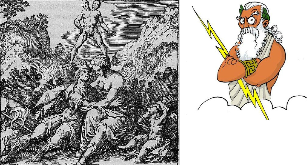 Коллаж мой: Зевс наблюдает слияние женского и мужского начала у людей