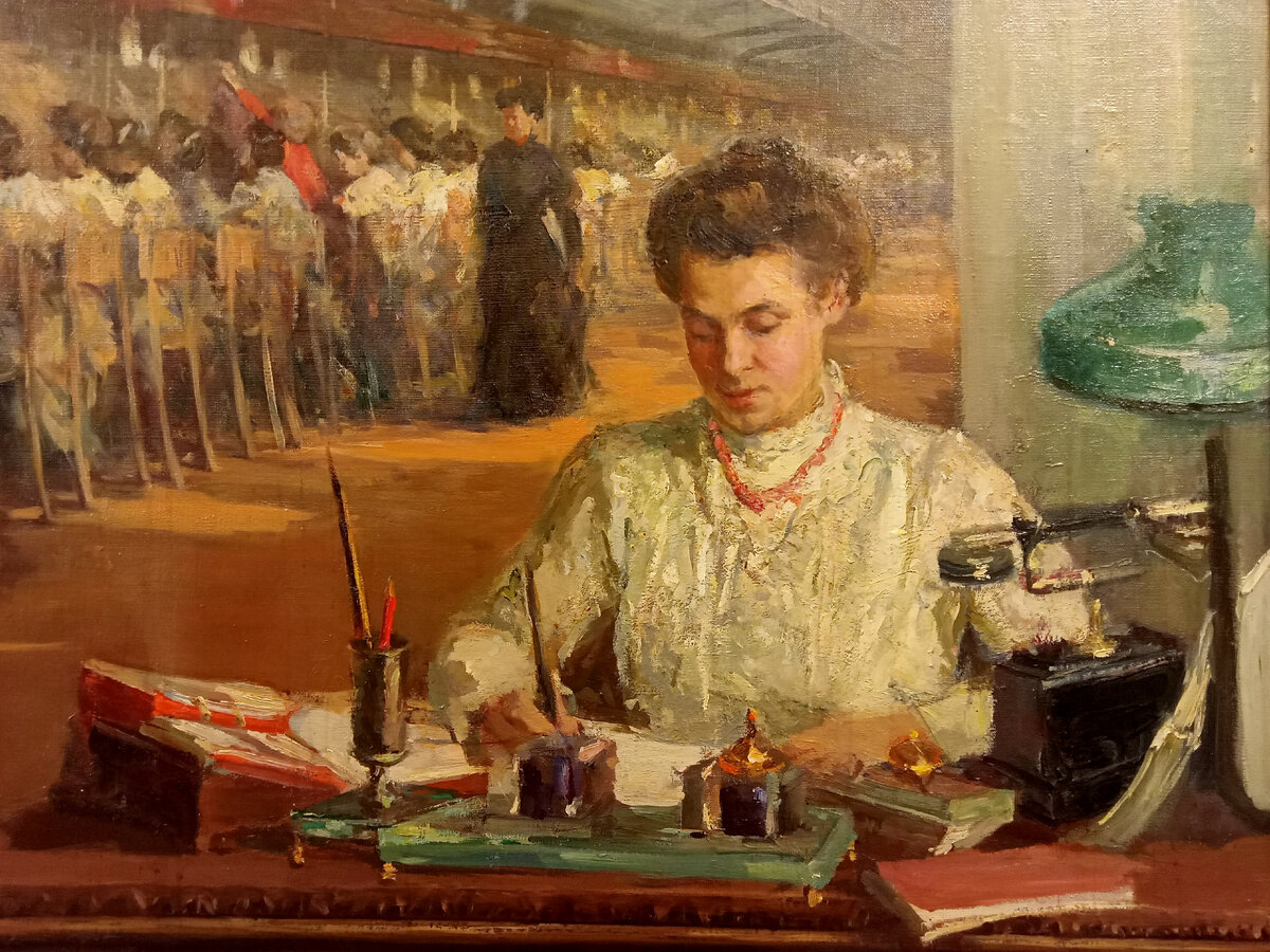 Коммутаторный зал Центральной телеграфной станции в Санкт-Петербурге в начале ХХ века. Художник В.Л. Кашутова. Холст, масло, 1950-е.