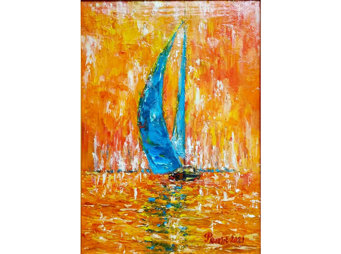 картина Золотой закат над морем, 35х25 см, холст на картоне худ. Любовь Прусик