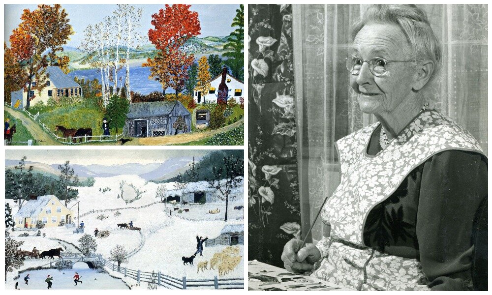 Картины бабушки Мозес и она сама за работой