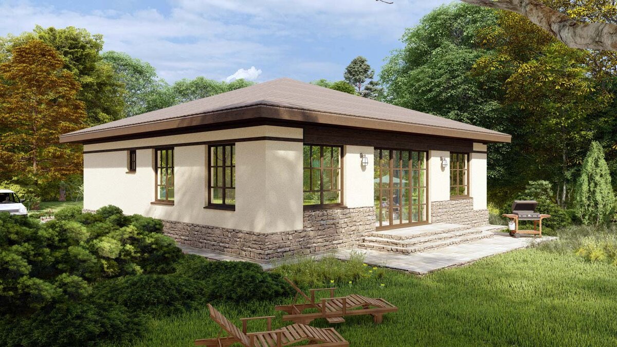 Все окна садового фасада можно сделать от пола, полностью открыв интерьер в сад. Корректировка рабочего проекта для этого не обязательна.