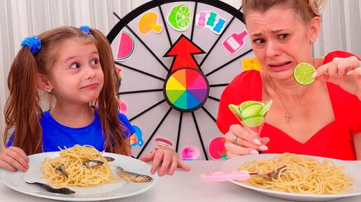 Eva and Mom Pretend Play Mystery Wheel of Spaghetti Challenge. Fun video for kids