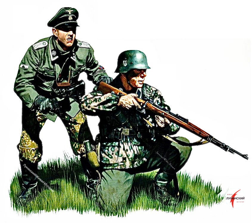 Офицер и фузилер норвежского полка дивизии "Нордланд". Видны характерные скандинавские руны "Нордланда" на воротниках и герб Норвегии у офицера справа