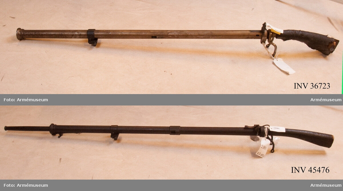 Многозарядное орудие эспиньоль, придуманное Андреасом Шумахером в 1840 году. На фото сверху - разряженное, на фото снизу - со вставленным сменным стволом. Калибр 21 мм, в стволе 10 зарядов,
