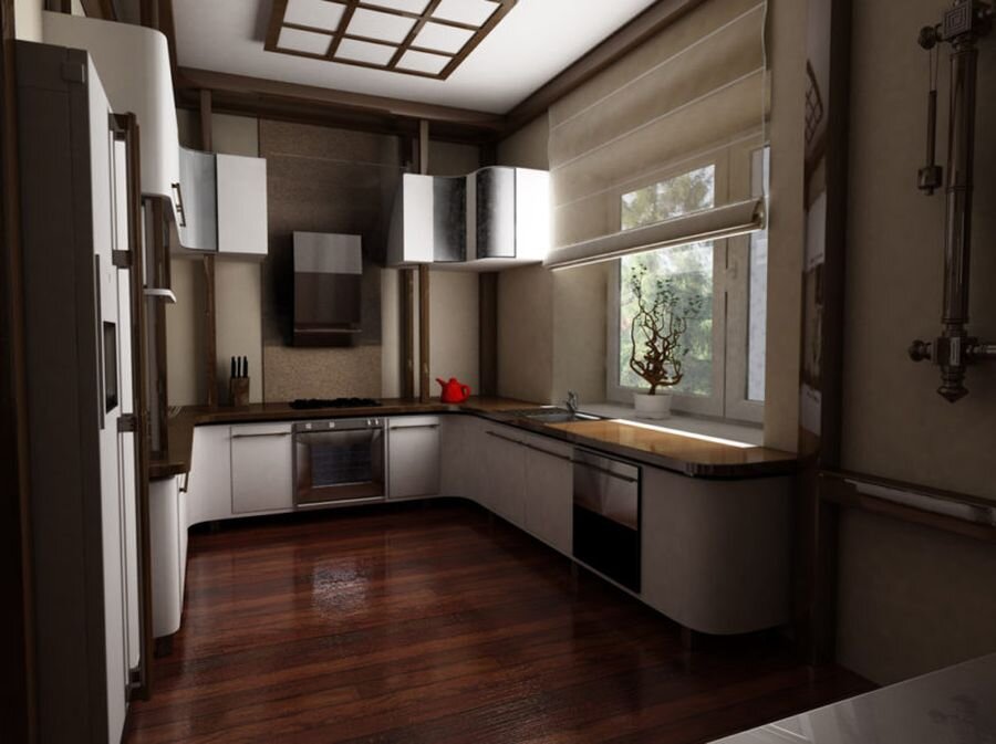 Кухня в японском стиле, обратите внимание на плавность линий