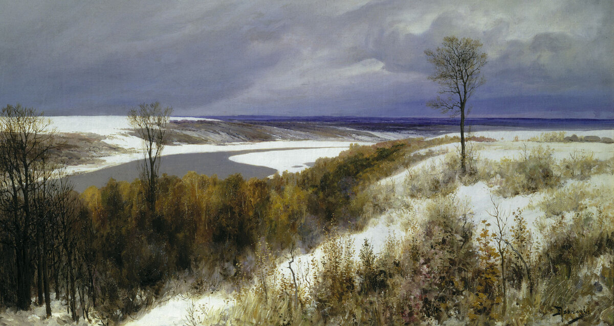 Источник: artchive.ru. Василий Поленов «Ранний снег» (1891), 48×85 см, Государственная Третьяковская галерея