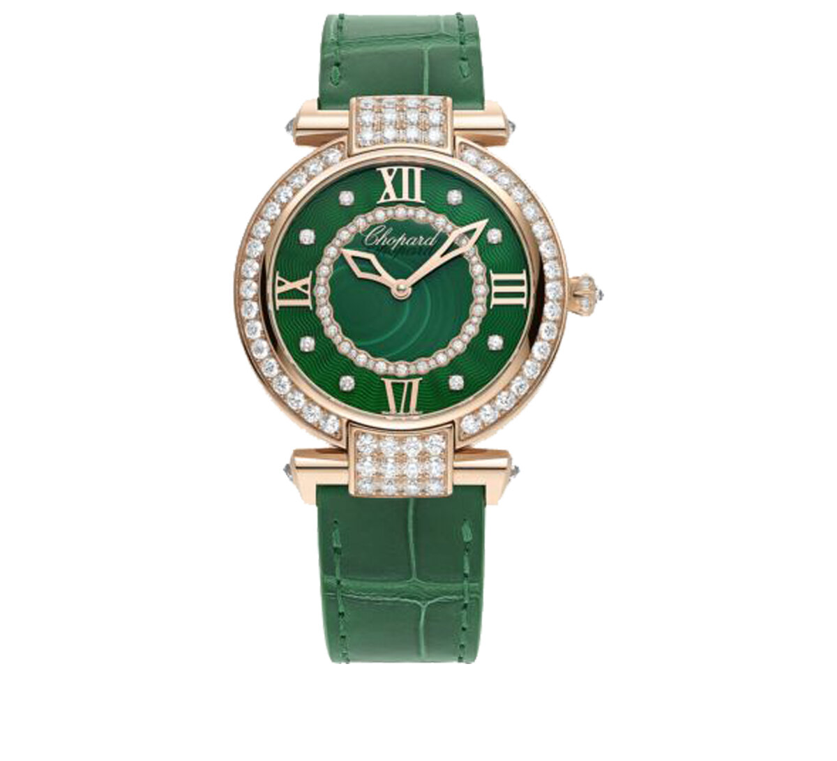 Часы Chopard Imperiale  Automatic Joaillerie в 36 мм корпусе из розового золота с бриллиантами по безелю и на гильошированном циферблате с малахитом