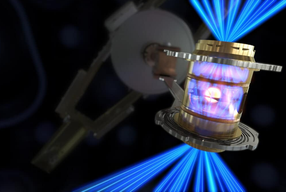 Хольраум - "камера сгорания" размером около сантиметра. В центре - шарик трития. Видны входящие пучки лазеров, излучение которые приводит к излучению стенками камеры рентгена и в итоге к термоядерной реакции.. © Livermore National Laboratory