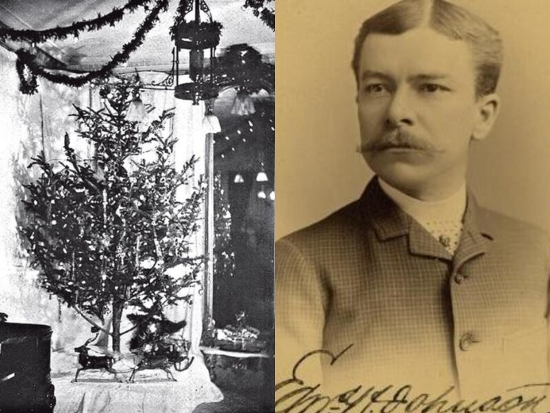 Эдвард Джонсон и первая елка с электрическими огнями, 1882 год.