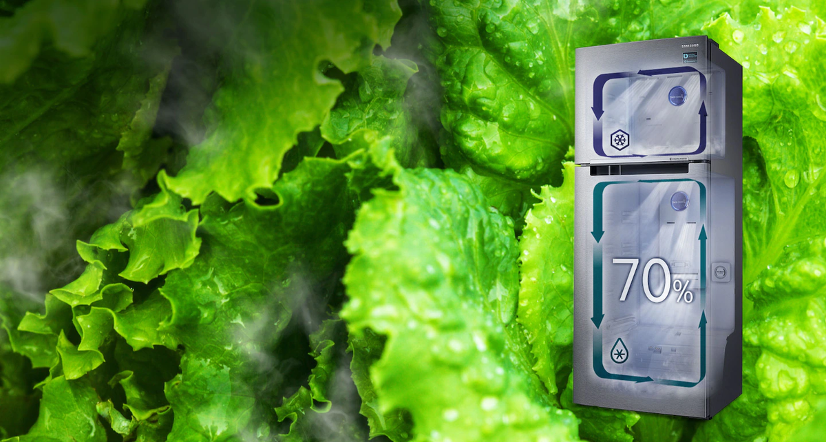 Только технология Twin Cooling Plus™ создает оптимальную среду для сохранения свежести продуктов при уровне влажности 70%, в то время как в обычных холодильниках влажность составляет 30%. В результате продукты дольше сохраняют свежесть и не высушиваются. 
