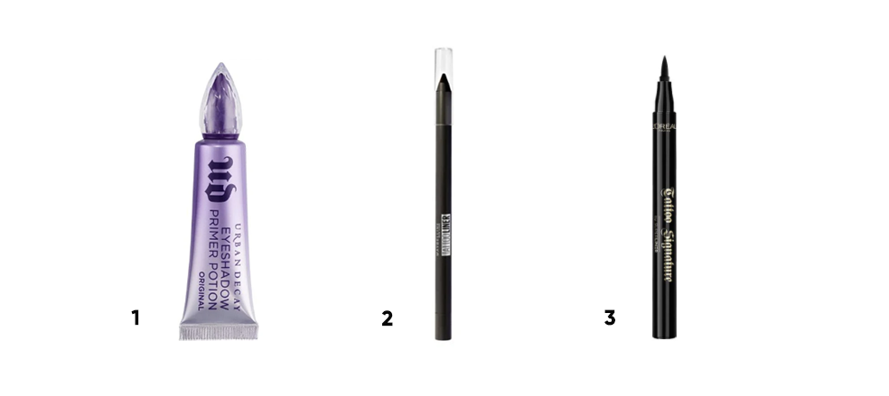 1. Праймер для век Primer Potion Original, Urban Decay. 2. Гелевый карандаш для глаз Tattoo Liner, Maybelline NY. 3. Водостойкая подводка для контура век Tattoo Signature by Superliner, L’Oréal Paris.
