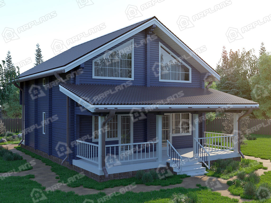 Фото 2 двухэтажного дома из бруса с мансардой, 4 спальнями, балконом и террасой. Общая площадь 200 кв м. Источник arplans.ru Проект ДС-034