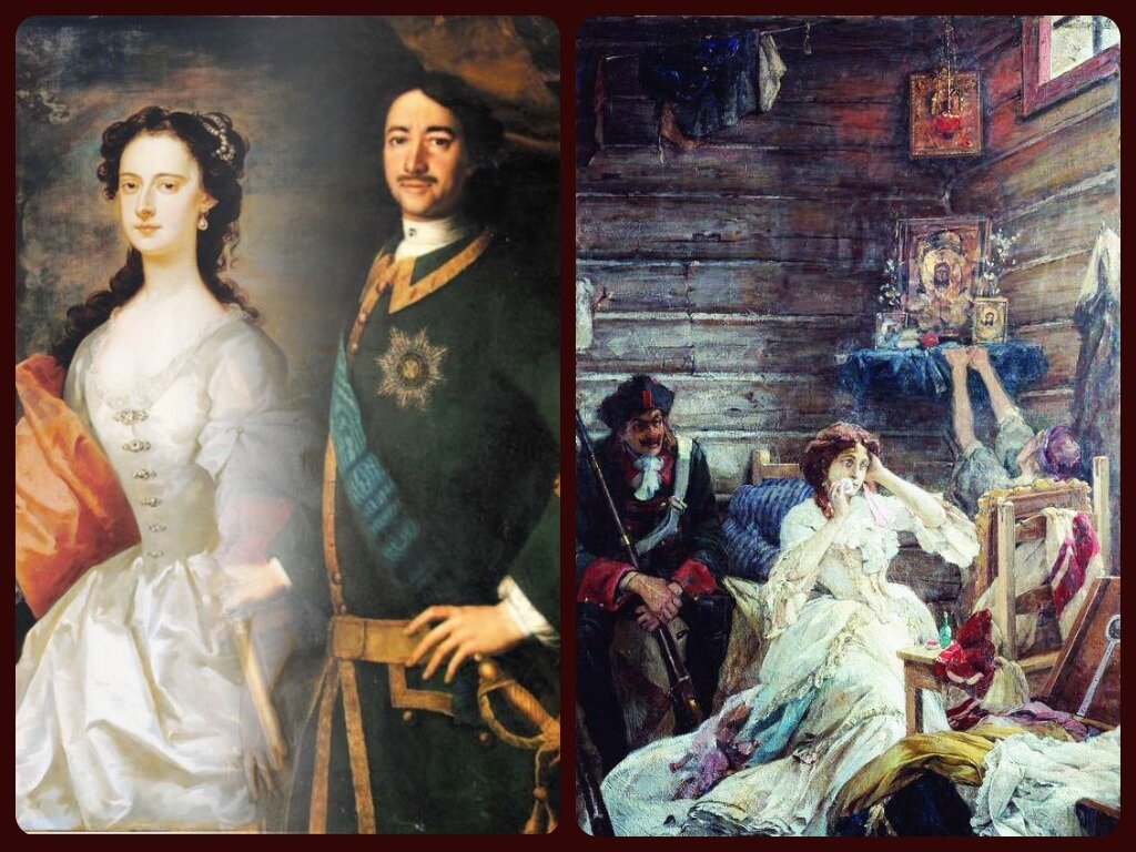 Джон Вандербанк "Женщина в белом". Не является портретом Марии Гамильтон, используется в качестве иллюстрации. Луи Каравак. Портрет Петра I. Павел Сведомский "Мария Гамильтон перед казнью" 1904 г. Коллаж автора. 