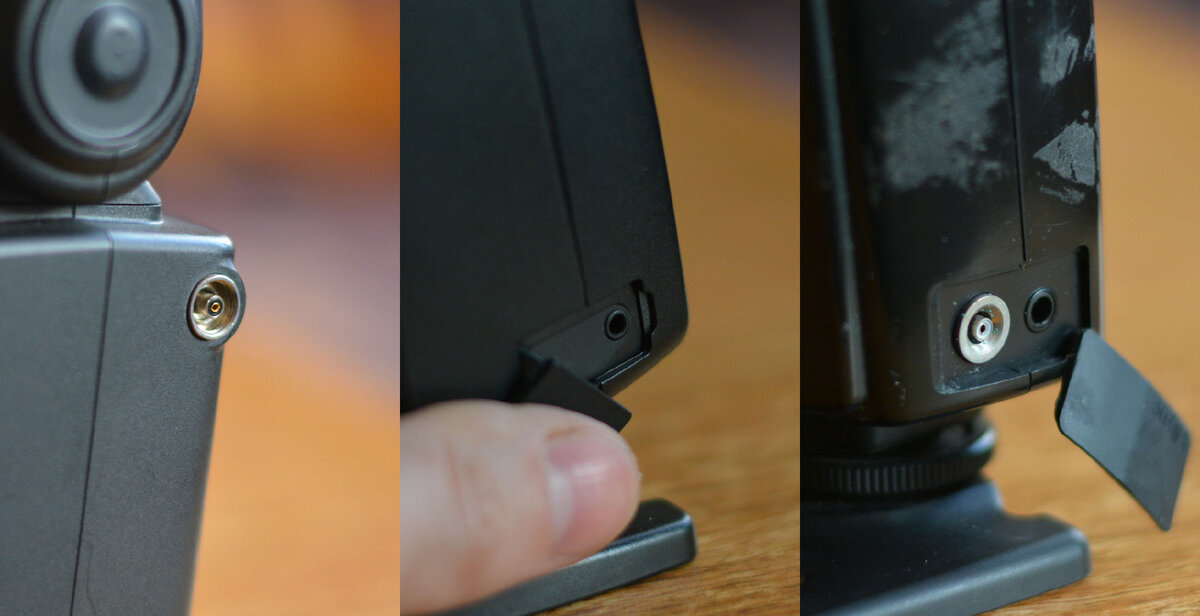 Разъемы синхронизации бывают двух типов. На одной из моих вспышек - старого типа, на второй - новый, и только на старой видавшей виды Nissin Di622 - оба разъема. 