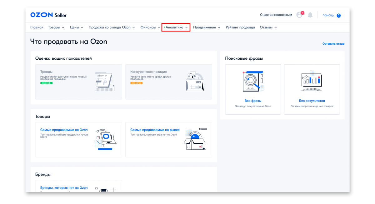 В личном кабинете Озон представлена статистика, которая поможет вам запуститься 