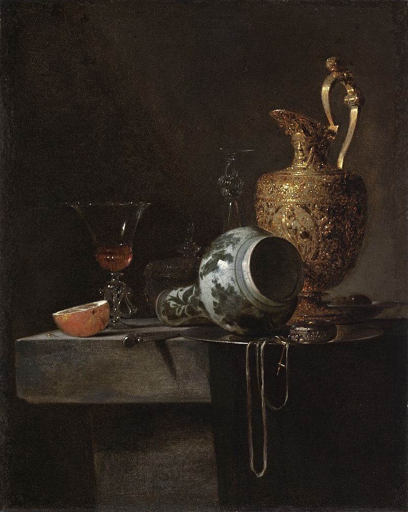 Виллем Кальф. Натюрморт с фарфоровой вазой, кувшином позолоченного серебра и бокалами, ок. 1643—1644. Холст, масло 55.6 х 44.5 см, Музей искусств округа Лос-Анджелес.