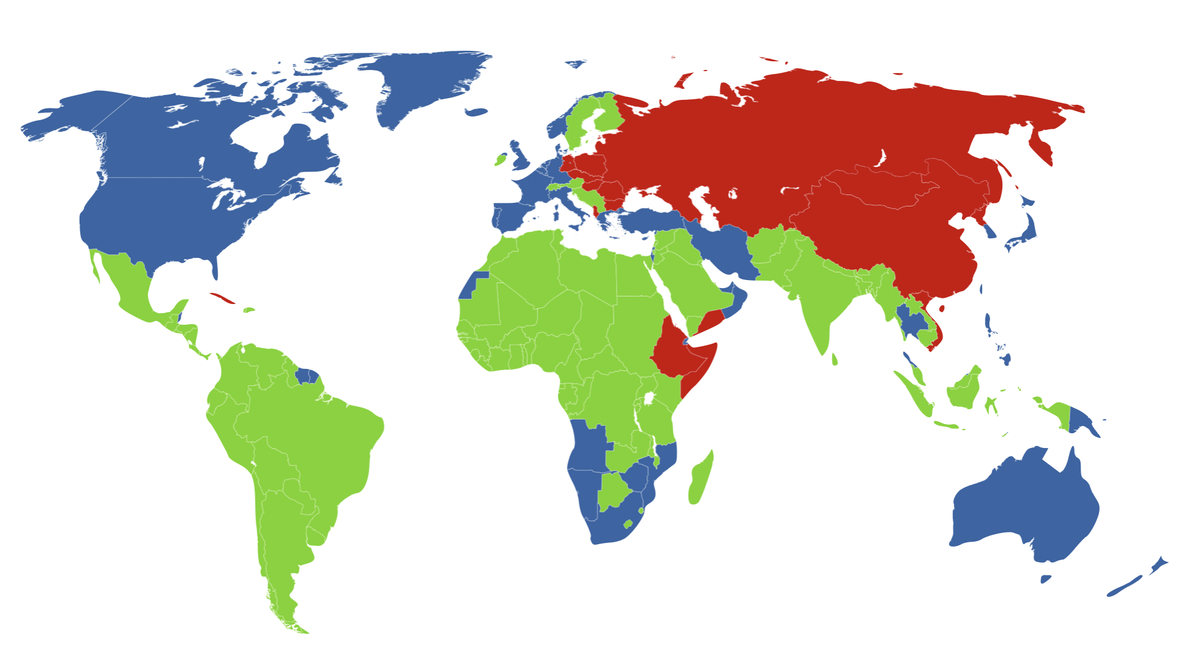 Синий цвет- Первый мир. Красный цвет – Второй мир. Зеленый цвет – Третий мир.