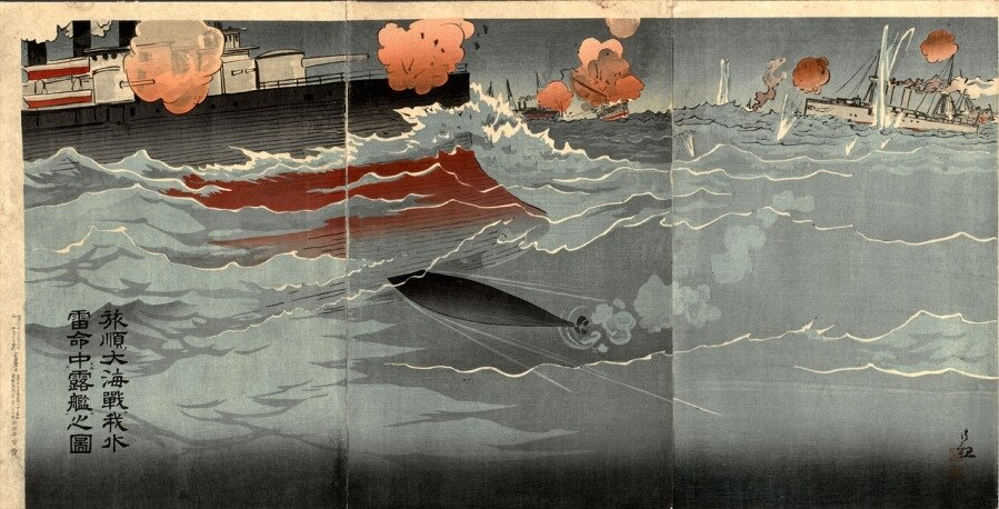 Японская иллюстрация на тему того, как японские миноносцы топят русские броненосцы