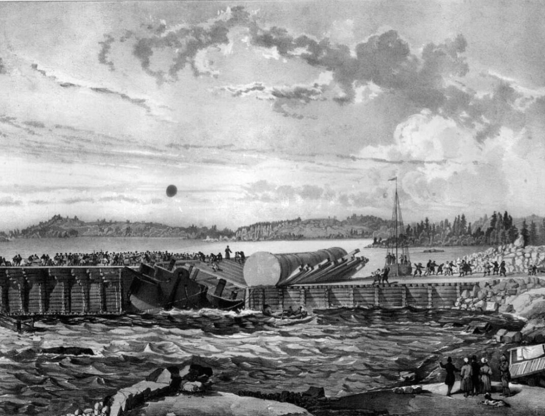 Рисунок  Монферанда. Момент падения заготовки колонны весом 700 тонн. (Из открытых источников).