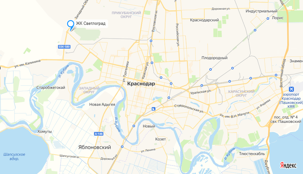 Расположение жилого комплекса относительно районов города. Скрин с яндекс карт