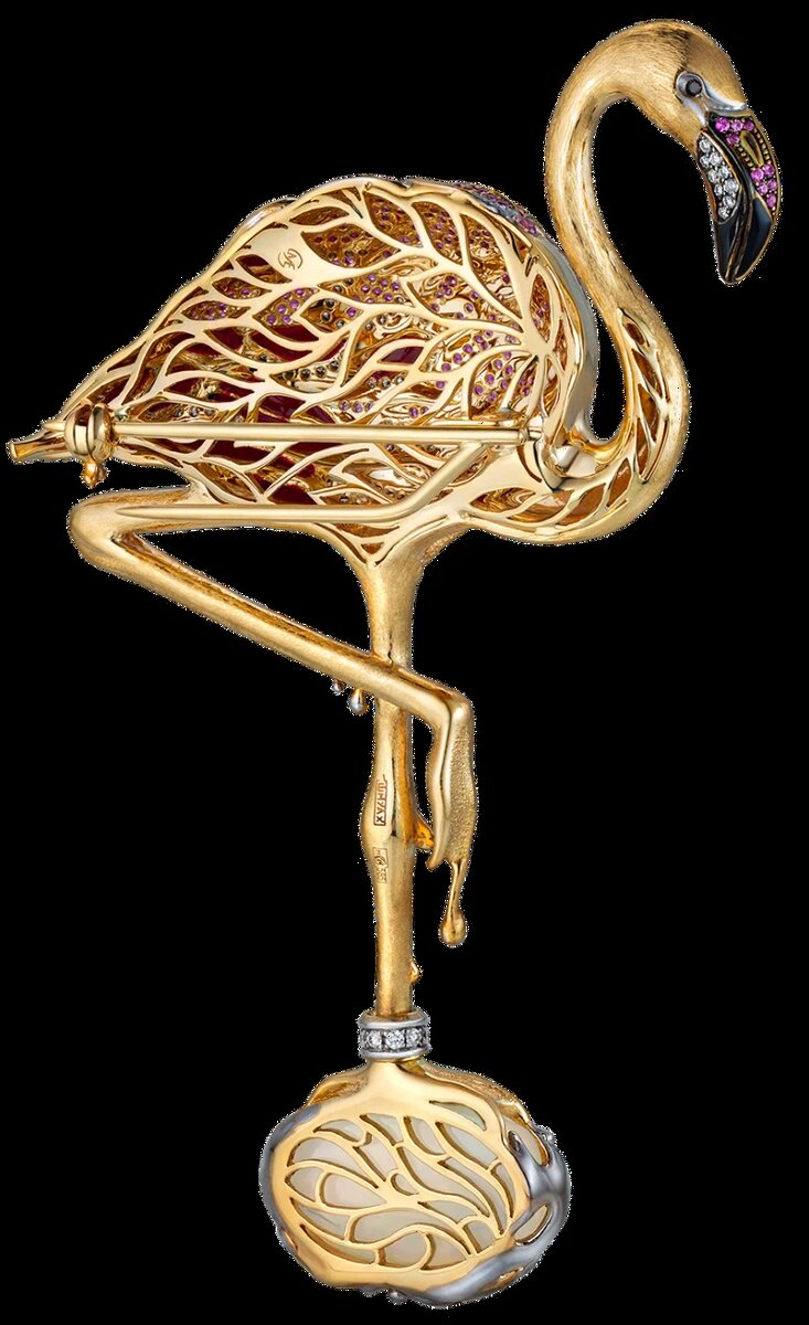 Брошь "Фламинго", золото 585 пробы, прозрачные бриллианты, черные бриллианты, розовые сапфиры, опал, эмаль, ручная работа, выполнена в единственном экземпляре